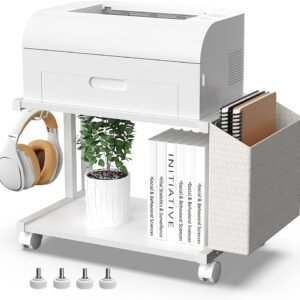 VEDECASA 2 Tier Modern White Wooden Under Desk Printer Stand with Storage Bag for Home Office Desktop Printer Table Organizer Mobile Printer Shelf Cart with Caster Wheel (White)