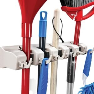 HOME IT Mop And Broom Holder Wall Mount – Garage Storage Systems with 5 Slots, 6 Hooks, 7.5lbs Capacity Per Slot – Garden Tool Organizer For Home, Kitchen, Closet, Garage, Laundry Room – Off-White