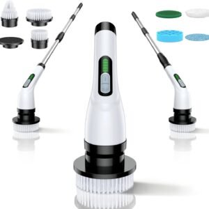 Electric Spin Scrubber for Bathroom: Shower Scrubber with Long Handle, Dual Speed Cordless Power Cleaning Scrub, 7 Brush Heads, IPX7 Waterproof Heavy Duty Cleaner Tools for Tub Tile Grout Wall