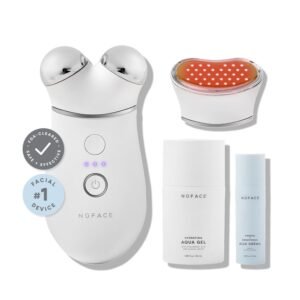 NuFACE Trinity+ Microcurrent Facial Device + LED Red Light Wrinkle Reducer Attachment – FDA Cleared Skin Tightening Device + Microcurrent Gel Activator & Silk Creme