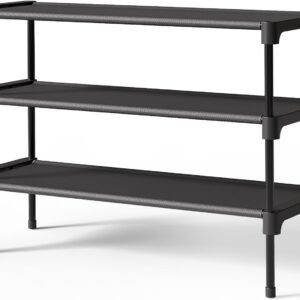 Kitsure Shoe Rack – Non-Woven Shoe Rack Shelf, Shoe Organizer for Closet, Entryway, Garage & Corridor, Stackable Shoe Shelves, 27.5″ Wide – 3 Tier, Black