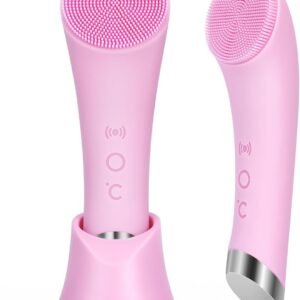 PRITECH Facial Cleansing Brush, Rechargeable Silicone Face Scrubber with Heat Massage End, Vibrating Exfoliator Scrubber for Deep Cleaning, Waterproof Face Brush for Women and Men (Pink)