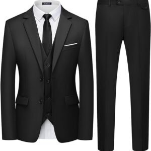 WULFUL Men’s 3 Piece Slim Fit Suit Set Two Button Blazer Jacket Vest Pants Tuxedo Set for Party, Wedding and Business