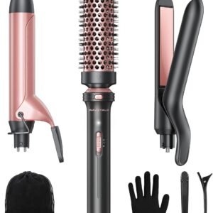 Wavytalk 3 in 1 Curling Wand Set, Multi Curl, Curling Iron Set with Heated Round Brush, Flat Iron Hair Straightener, 1 1/4 inch Curling Iron, Dual Voltage Hair Curler