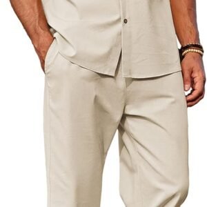 COOFANDY Men 2 Piece Linen Outfit Beach Button Down Shirt Casual Loose Pant Sets