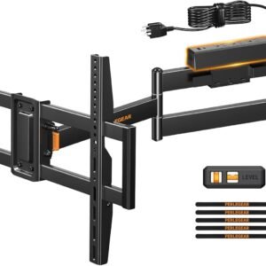 Perlegear Long Arm TV Wall Mount Full Motion with Surge Protection Power Strip for 38–75 Inch TVs, Corner TV Mount with 31.5″ Long Extension, Swivel, Tilt, Max VESA 600x400mm, Holds up to 100 lbs