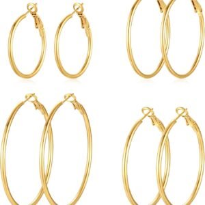 4 Pairs Silver Gold Hoop Earrings for Women | 14K Gold Plated Hoop Earrings Set Hypoallergenic Earring Lightweight Dangle Earrings Set