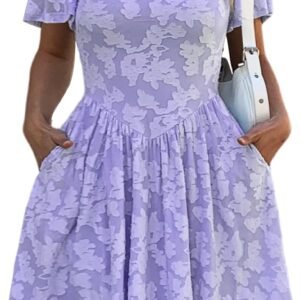 Mieazom Women’s Summer Floral Jacquard Square Neck Short Sleeve Mini Dress A-Line Casual Wedding Guest Dresses with Pockets