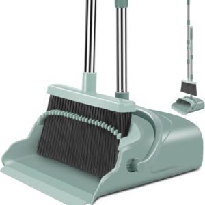 kelamayi Upgrade Broom and Dustpan Set, Large Size and with Long Handle, Upright,Ideal for Indoor Outdoor Garage Kitchen Room Office Lobby Use (Green)