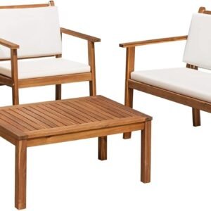 Flamaker Patio Furniture 4 Piece Outdoor Acacia Wood Patio Conversation Sofa Set with Table & Cushions Porch Furniture for Deck, Balcony, Backyard