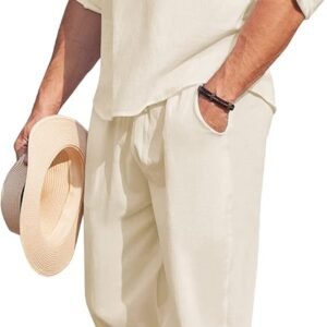 COOFANDY Men’s 2 Pieces Cotton Linen Set Long Sleeve Henley Shirts Casual Beach Pants With Pockets Summer Yoga Outfits