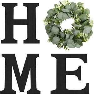 Pinkpum Wood Home Sign with Artificial Eucalyptus Wreath for O, Hanging Farmhouse Wall House Decor Wood Letters for Wall Art Rustic Home Decor, Wall Decor for Living Room Kitchen Entryway (Black)