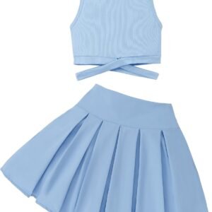 YOURUIKEY Cute Clothes for Girls Crisscross Crop Tank Top Pleated Skirt Tween Girl Trendy Summer Outfit Kid Clothing Set 7-14