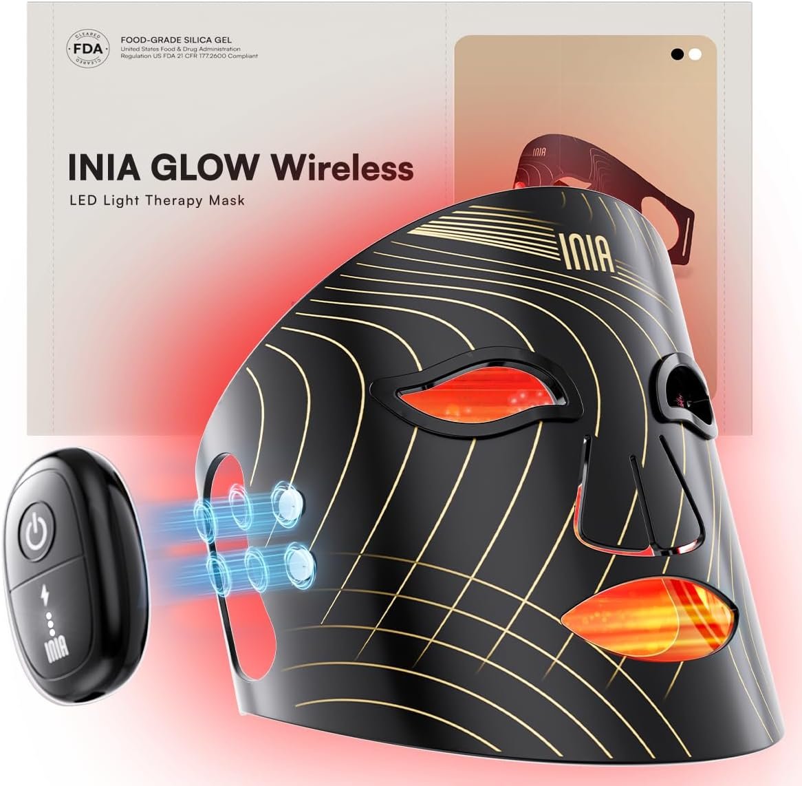 INIA Red Light Therapy Mask for Face, Glow Wireless LED Face Mask Light Therapy with Near-Infrared Red Light (NIR), Rechargeable and Ergonomic Design for Home & Travel