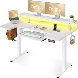 OffiGo U Shaped Electric Standing Desk with Keyboard Tray, 55 Inch Height Adjustable Desk with Power Outlets & LED Lights, Sit Stand Table with Monitor Stand for Home, Office, White