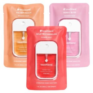 Touchland Hydrating Hand Sanitizer Spray – Juicy Trio Set (Wild Watermelon, Velvet Peach, Berry Bliss) – 3 x 1 FL OZ Travel Size Mists