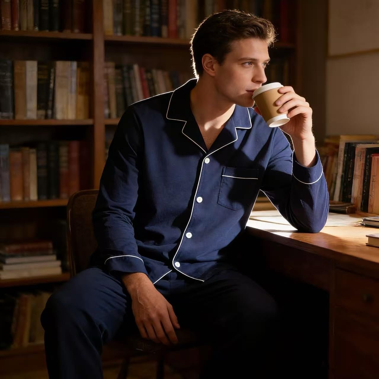 U2SKIIN Mens Cotton Pajama Set, Soft Long Sleeve Pajamas for men Lightweight Button Up Sleepwear Lounge Pjs Set with Pockets - Image 2