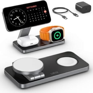 UEQ Foldable 3 in 1 Wireless Charging Station for Apple Compatible with Magsafe Charger Stand,Magnetic Wireless Charger Station for iPhone 17 Air16 15 14 13 12 Series,Airpods Pro,Apple Watch(Black)