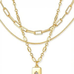 YEEZII Layered Gold Necklaces for Women Trendy, 3 Pcs 14K Gold Plated Choker Paperclip Box Chain Necklace, Stackable Women’s Gold Pendant Necklaces Jewelry Set