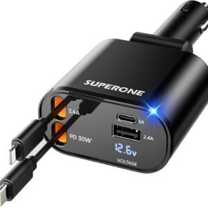 [Upgraded] SUPERONE Retractable Car Charger 4 in 1, Fast Car Phone Charger with Cord 2.6ft, USB C and Apple Car Adapter, Compatible with iPhone 17 16 15/15 Pro Max/14/13/12/11, Galaxy, Pixel