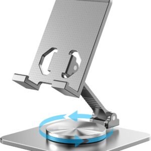 Cell Phone & Tablet Stand for Desk, Aluminum Adjustable Holder for iPhone, iPad & Smartphones || Foldable Mount with 360° Swivel, Stable Base & Portable Design for 4–9.7in Devices, Grey
