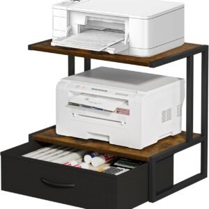 Printer Stand with Storage for Desk, with Fabric Drawer Desktop Printer Stand Shelf Organzier for Home Office, for Above and Under Desk Printer Table, Fax Machine Copier Scanner, Brown