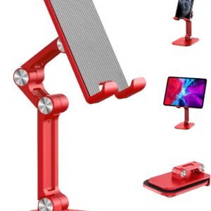 OCYCLONE Phone Stand, Adjustable Height and Angle Foldable Cell Phone Stand Holder for Desk, Taller iPhone Stand Compatible with 4.7″-13″ Smartphones iPad Tablet, Red