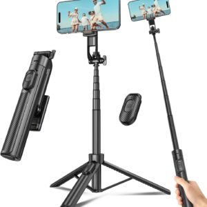 Selfie Stick Travel Tripod for Cell Phone with Remote Control and Phone Holder, Extendable Selfie Stick for iPhone, iPhone Tripod for Video Recording, 50 Inch, Black