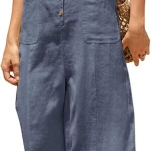 Yeokou Women Button Down Jumpsuits Cotton Linen Sleeveless Casual Wide Legs Rompers Loose Overall with Pockets