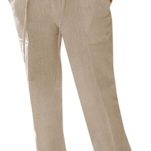 PASLTER Mens Casual Linen Pants Loose Fit Elastic Drawstring Waist Straight-Legs Summer Yoga Beach Long Pants
