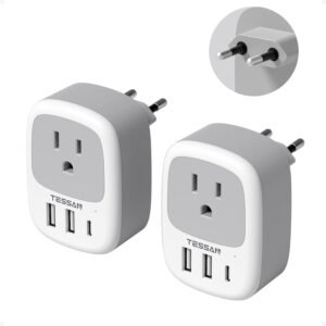 2 Pack European Travel Plug Adapter, TESSAN US to Europe Plug Adapter with 3 USB Ports (1 USB C), Type C Power Outlet for EU International Italy Iceland Spain France Germany