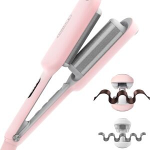 Curling Iron Hair Crimper Waver – TYMO ROVY Beach Waves Curling Wand, Ionic Deep Waver Hair Curler Tool with Ceramic 3 Barrel for Women, Dual Voltage, Anti-Scald, Easy to Use, Pink, 1.25 Inch