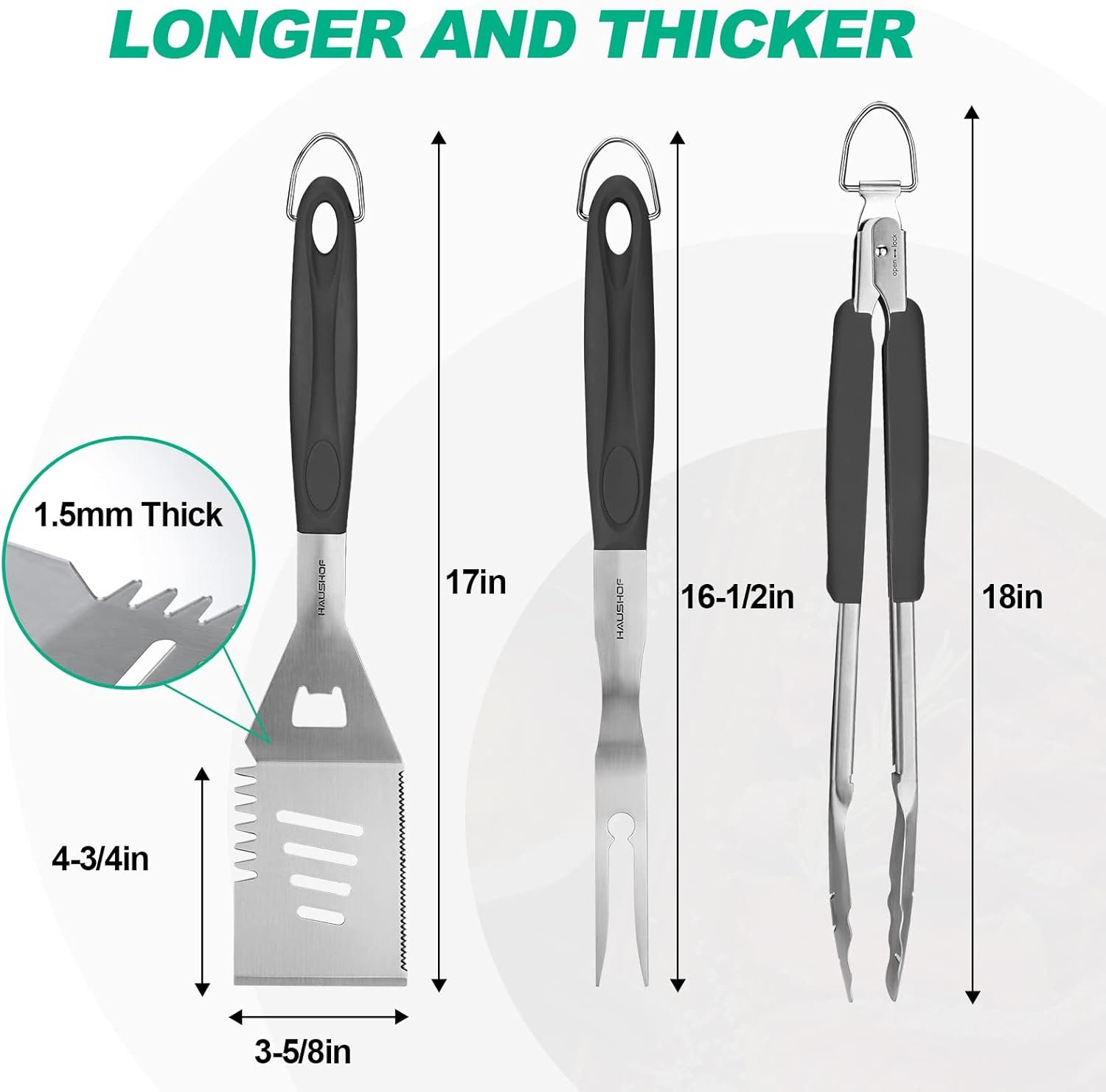HAUSHOF Large Grill Accessories Heavy Duty BBQ Set Gifts for Men/Women - Premium Stainless Steel Spatula, Fork & Tongs, Barbecue Utensils Tool Kit Gift for Grilling Lover Outdoor - Image 2