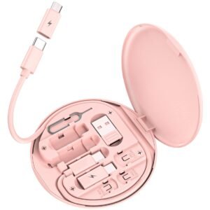 Multi USB Charging Adapter Cable Kit, USB C to iOS Device Adapter Box, Conversion Set A & Type C to Male Micro /Type C/iOS Device, Data Transfer, Card Storage, Tray Eject Pin, Phone Holder (pink)