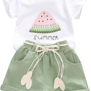 YOUNGER TREE Toddler Baby Girls Clothes Watermelon T-shirt + Linen Shorts with Belt Cute Summer Short Set