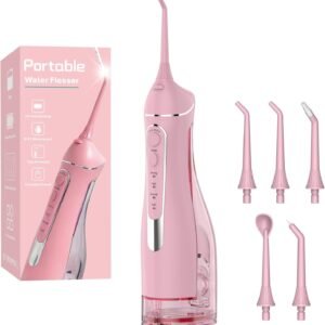 Cordless Portable Water Flosser with 300ML Tank: Rechargeable Oral Irrigator with 5 Tips for Travel, Braces Care and Sensitive Gums, IPX7 Waterproof Teeth Cleaning Device(Pink)