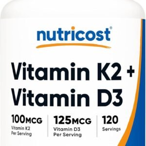 Nutricost Vitamin D3 + K2 (5000 IU D3 / 100mcg MK7), 120 Softgels – Gluten-Free & Non-GMO