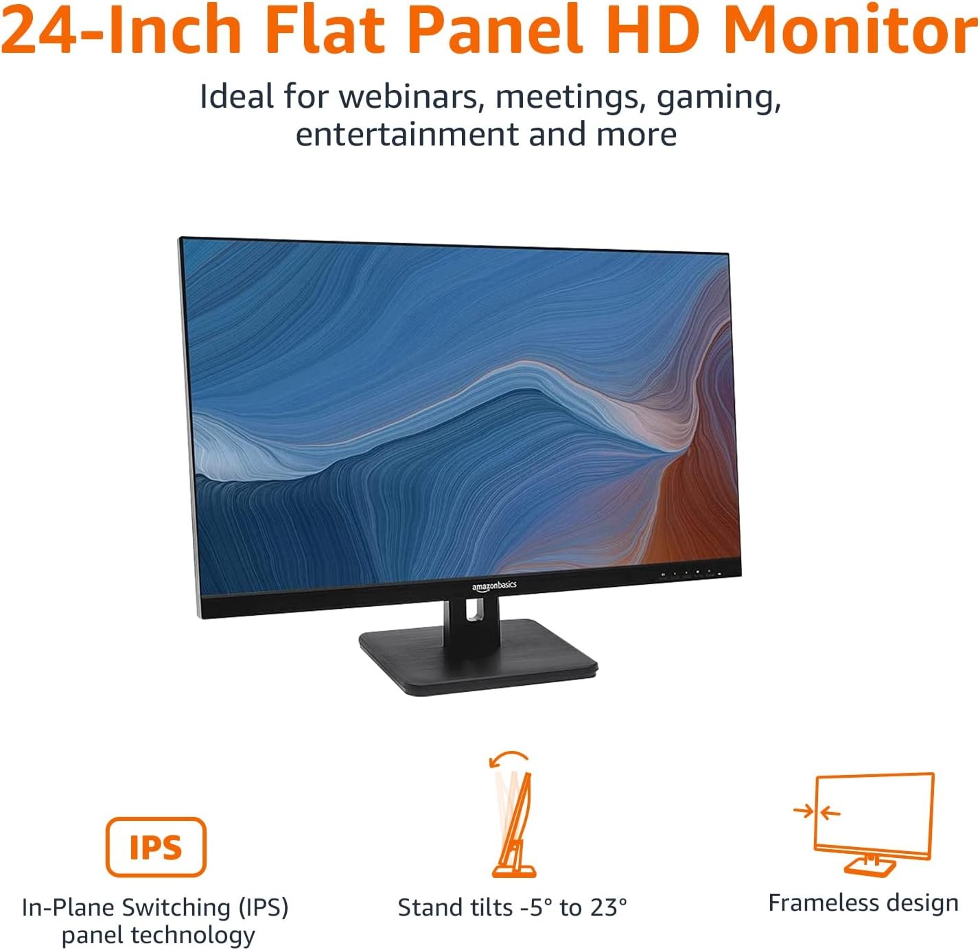 Amazon Basics 24-inch Full HD IPS Monitor, 75 Hz, 1080P, HDMI, Display Port and VGA Input, Adjustable Stand, VESA Compatible, Built-in Speakers for Office and Home, Black - Image 2