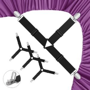 Bed Sheet Holder Straps, Upgrade Non Slip Sheet Clips, Fitted Sheet Holders for Corners, Easy Install Adjustable Elastic Firm Tight Accessories, 4Pcs/Set Black