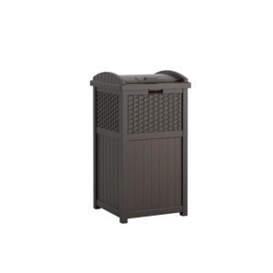 Suncast 33 Gallon Commercial Outdoor Trashcan Hideaway with Lid for 30 to 33 Gallon Trash Bags for Garage, Backyard, or Garden, Brown