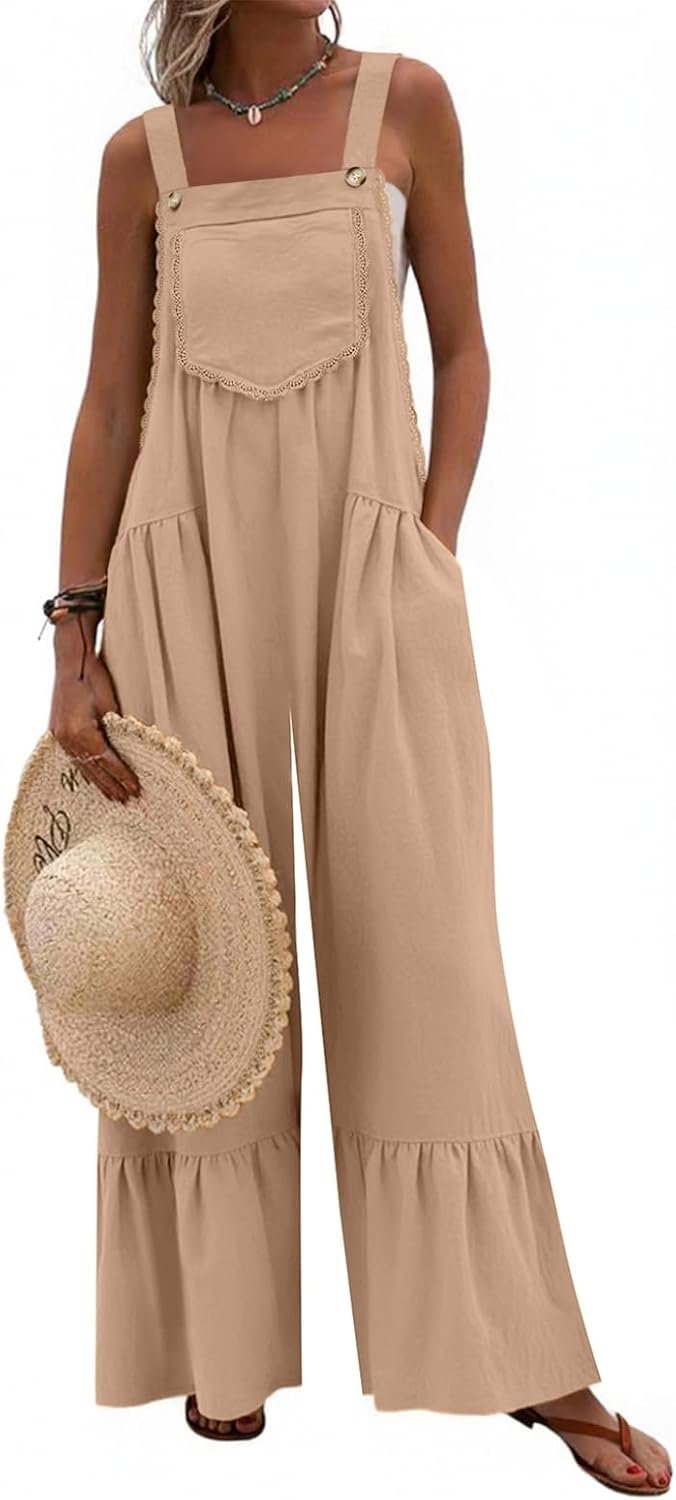 Dokotoo Women's Lace Casual Overalls Summer Jumpsuit Loose Baggy Wide Leg Ruffle Pants Rompers with Pockets