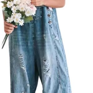 chouyatou Women Loose Adjustable Strap Denim Bib Overall Jeans Distressed Wide Leg Baggy Overalls Jumpsuit
