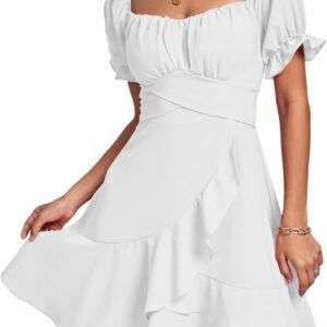 LYANER Women’s Square Neck Ruffle Mini Dress Off The Shoulder Short Sleeve A Line Flowy Graduation Dresses