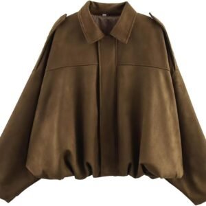 Women’s Faux Suede Bomber Jacket Oversized Pilot Coats Fall Lapel Zip Up Motorcycle Streetwear Outerwear