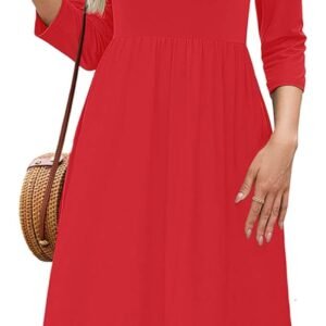 Heymoments Women’s Casual 3/4 Sleeve Midi Dress Crewneck A Line Tiered Flowy Loose Travel Long Dresses with Pockets