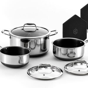 HexClad Hybrid Nonstick 6-Piece Pot Set with 2 Silicone Trivets, 2, 3, and 8-Quart Pots with Tempered Glass Lids, Stay-Cool Handles, Dishwasher-Friendly, Induction Ready, Compatible with All Cooktops