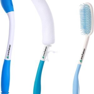 Wefaner Toilet Aids Set for Wiping – Long Handle Butt Wiper, Anti-Slip Curved Handle Bath Body Brush and Curve Hair Brush for People Overweight, Elderly and Disabled People（3PCS Personal Hygiene Kit)