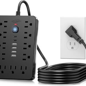 JouleLoom 6 FT Flat Plug Surge Protector Power Strip,11 Multiple AC Outlets with 6 USB Ports (2 USB C), 6 Feet Extension Cord, 1250W/10A, One Touch Switch Button, 17 in 1 Compact powerstrip