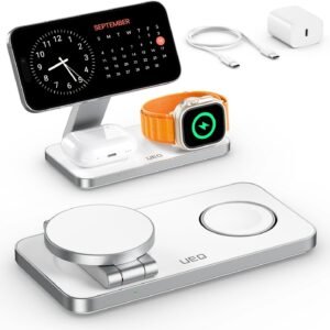 UEQ Foldable 3 in 1 Wireless Charging Station for Apple Compatible with Magsafe Charger Stand,Magnetic Wireless Charger Station for iPhone 17 Air 16 15 14 13 12 Series,Airpods Pro,Apple Watch (White)
