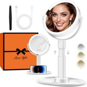 B Beauty Planet Vanity Mirror with Lights, 30X Magnifying Makeup Mirror with 3 Lighting and Adjustable Brightness, Rechargeable 2-Sided Height Adjustable Desk Mirror for Bathroom, Women Gifts for Mom